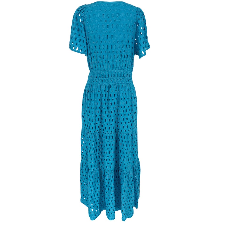 Anthropologie Somerset Long Maxi Dress Size L Blue Eyelet Smocked Tiered V Neck - Picture 5 of 10